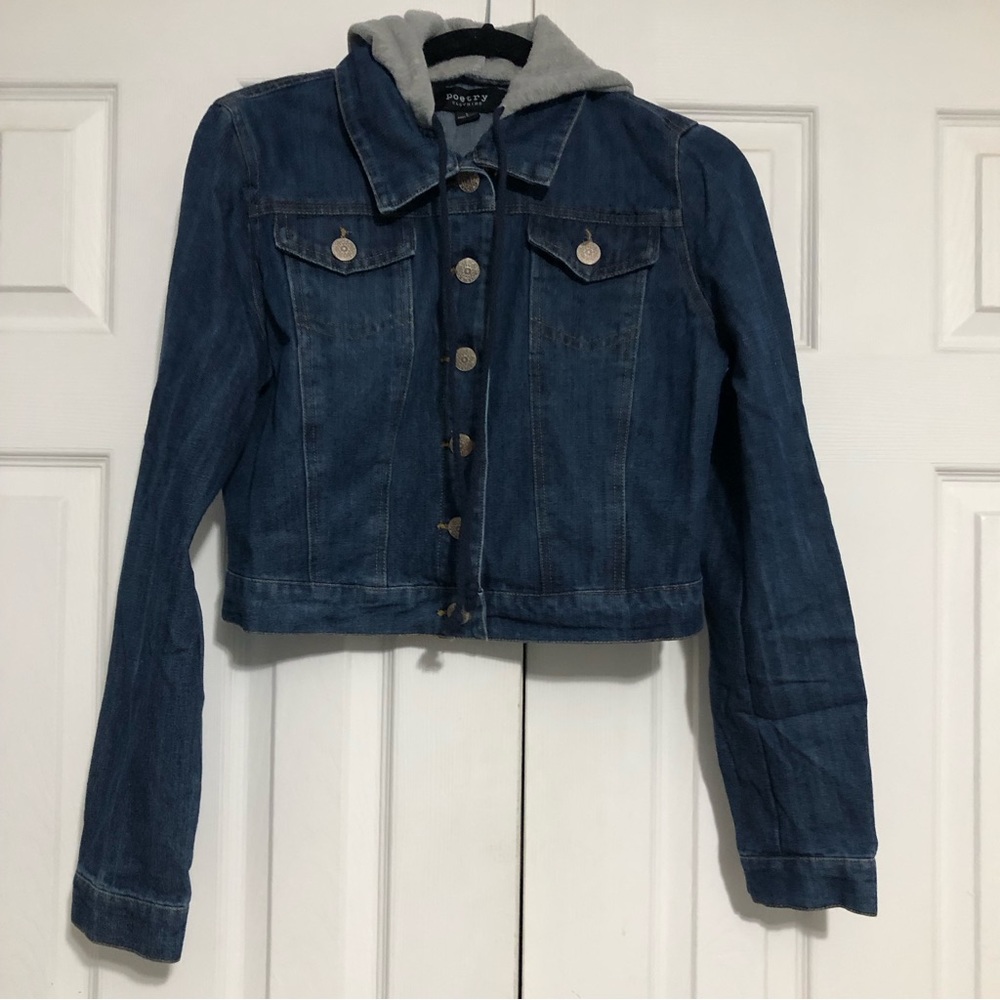 Poetry denim jean jacket with hood girls‎ size large. Ornate silver tone buttons